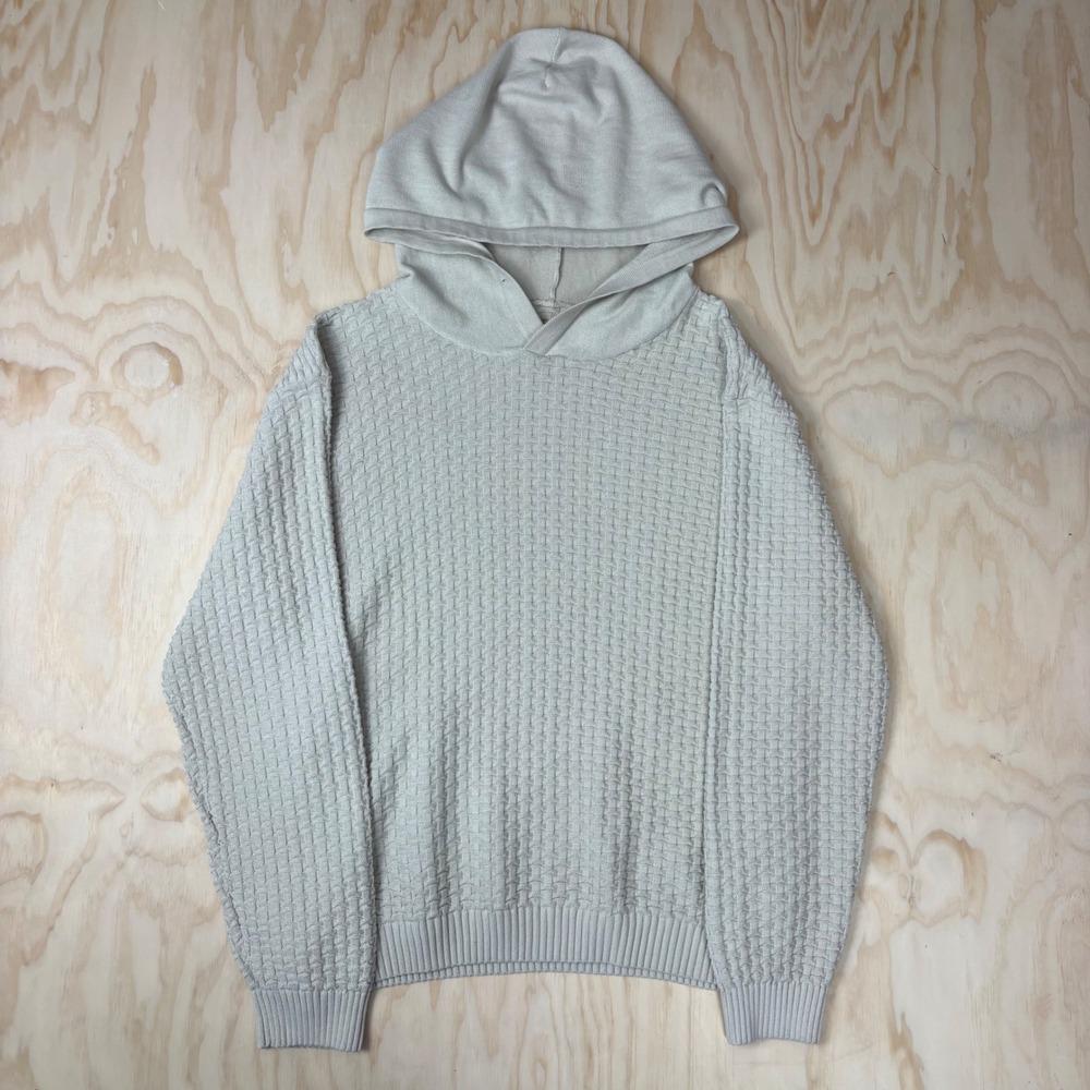 Mens Textured Basketweave Knit Hoodie Crossover Neck Light Grey Sweater
